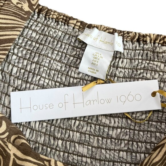 House of Harlow Linen Animal Print Puff Sleeve Mini Dress Brown L Cottagecore - Picture 4 of 8